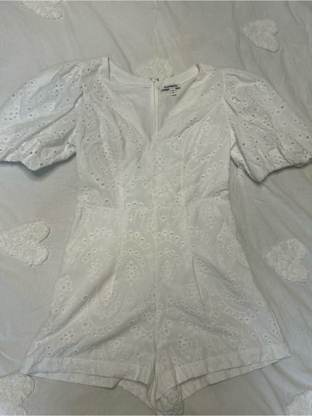 Women's white eyelet puff-sleeve romper